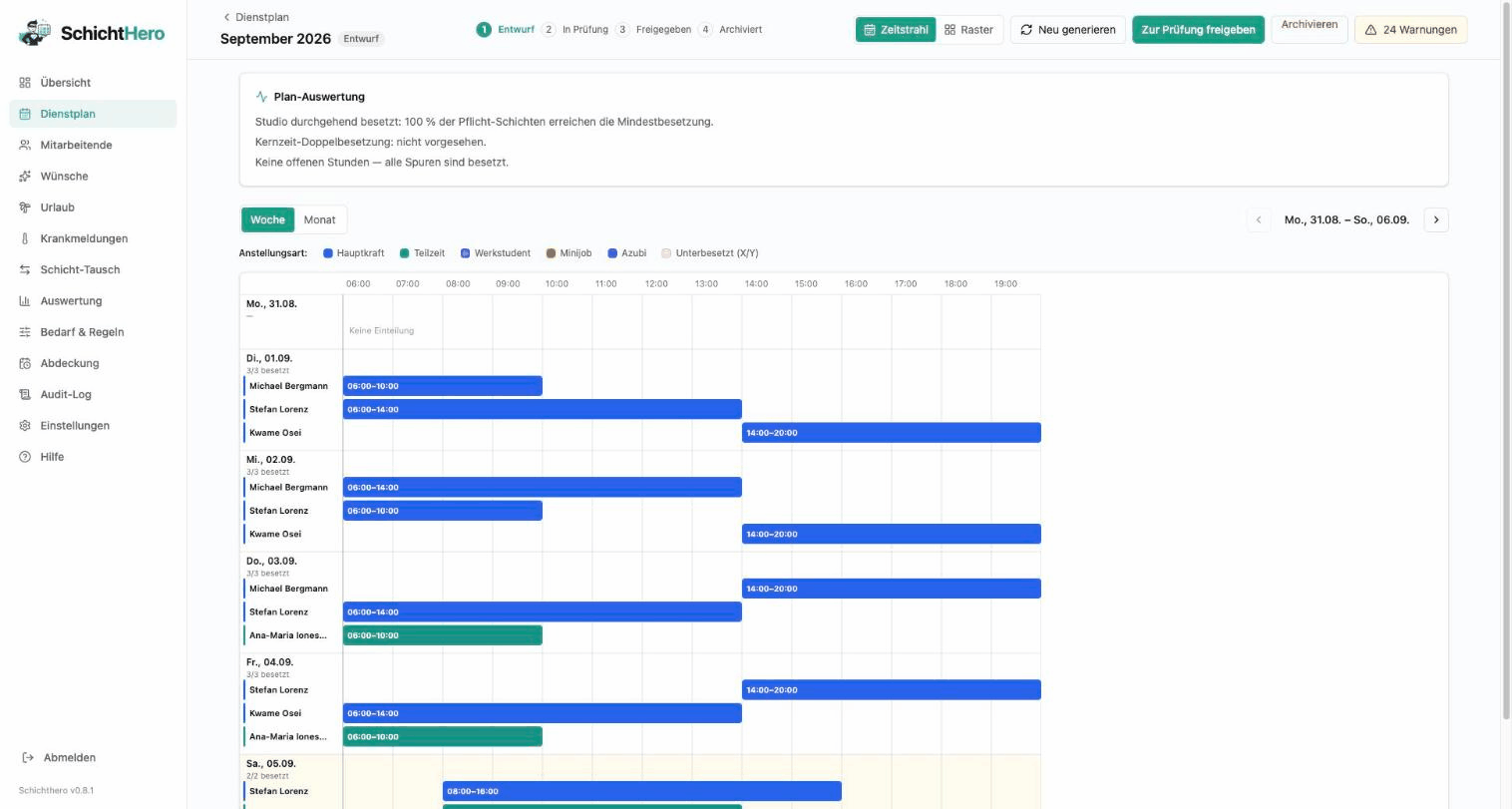 Dienstplan September 2026 als Wochen-Zeitstrahl in SchichtHero: Plan-Auswertung, Freigabe-Workflow und Schichten je Mitarbeiter